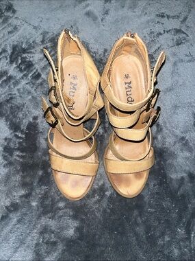 Mudd Tan Multi-Strap Buckle Heels